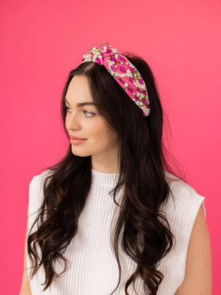 Spring Floral Print Headband - Pink Rhinestone Pink Flowers
