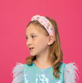 *Headband Knot - Pink with Multi Colored Flower Sequin