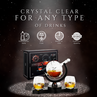 Rotating Whiskey Decanter Globe Set With 2 10OZ Etched Whiskey Glasses 29 Oz Moving Interactive Worl