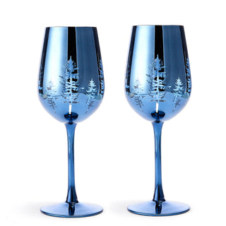 Crystal Christmas Tree Stemmed Wine Water Glasses Set Of 2 Holiday Themed Vibrant Blue Etched Winter