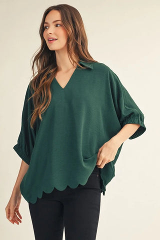 Easy Charm Scallop Hem Top - Emerald