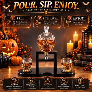Skull Skeleton Wine Whiskey Globe Decanter Set 850 Ml With 2 Skull Head 3OZ Skeletons Shot Glasses M