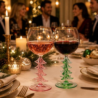 Crystal Christmas Holiday Tree Stemmed Wine Glass Pink Green 12OZ Goblet Bordeaux Gold Rim Colored G