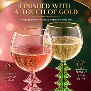Crystal Christmas Holiday Tree Stemmed Wine Glass Pink Green 12OZ Goblet Bordeaux Gold Rim Colored G