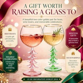 Crystal Christmas Holiday Tree Stemmed Wine Glass Pink Green 12OZ Goblet Bordeaux Gold Rim Colored G