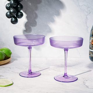 Set Of 2 Ripple Ribbed Cocktail Coupe Colored Glasses By Prosecco Mimosa Sparkling W