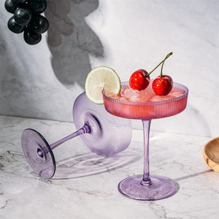 Set Of 2 Ripple Ribbed Cocktail Coupe Colored Glasses By Prosecco Mimosa Sparkling W