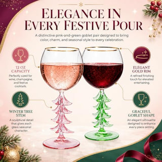 Crystal Christmas Holiday Tree Stemmed Wine Glass Pink Green 12OZ Goblet Bordeaux Gold Rim Colored G