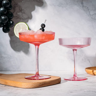 Set Of 2 Ripple Ribbed Cocktail Coupe Colored Glasses By Prosecco Mimosa Sparkling W