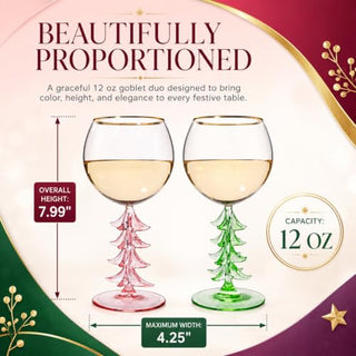 Crystal Christmas Holiday Tree Stemmed Wine Glass Pink Green 12OZ Goblet Bordeaux Gold Rim Colored G