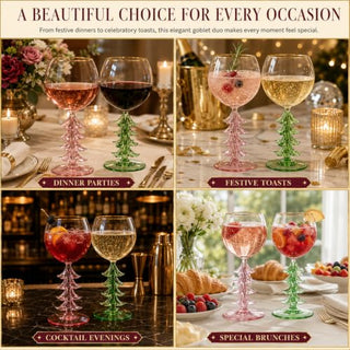 Crystal Christmas Holiday Tree Stemmed Wine Glass Pink Green 12OZ Goblet Bordeaux Gold Rim Colored G