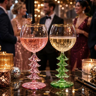 Crystal Christmas Holiday Tree Stemmed Wine Glass Pink Green 12OZ Goblet Bordeaux Gold Rim Colored G