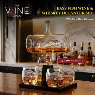 Bass Fish Wine Whiskey Decanter Set 1100ML By With 4 Bass Whiskey Glasses Fishing Gi