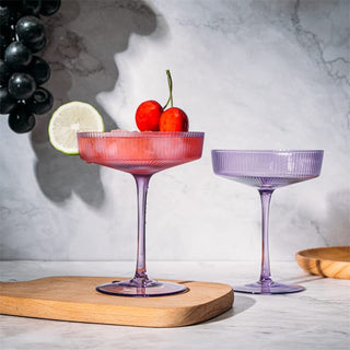 Set Of 2 Ripple Ribbed Cocktail Coupe Colored Glasses By Prosecco Mimosa Sparkling W