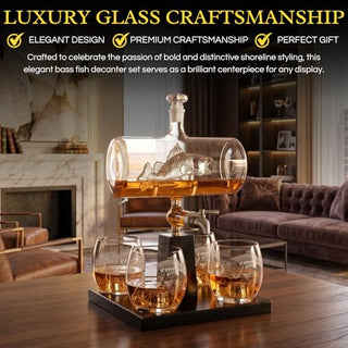 Bass Fish Wine Whiskey Decanter Set 1100ML By With 4 Bass Whiskey Glasses Fishing Gi