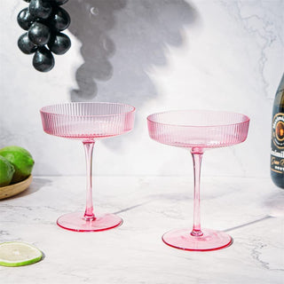 Set Of 2 Ripple Ribbed Cocktail Coupe Colored Glasses By Prosecco Mimosa Sparkling W