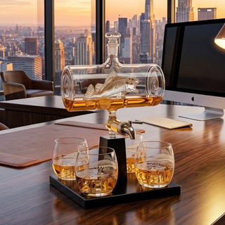 Bass Fish Wine Whiskey Decanter Set 1100ML By With 4 Bass Whiskey Glasses Fishing Gi