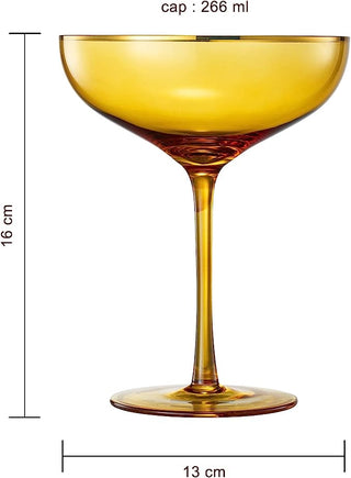 Colored Sunset Yellow Gilded Rim Coupe Glass 9OZ Cocktail Champagne Glasses 2 Set Vibrant Color Gold