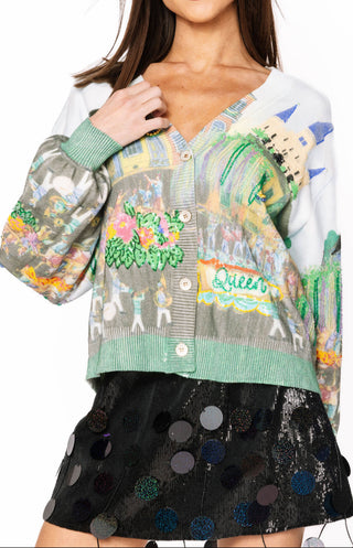 Queen of Sparkles Mardi Gras Parade Scene Button Up Cardigan