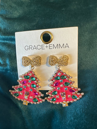 Pink Gem Christmas Tree Earring
