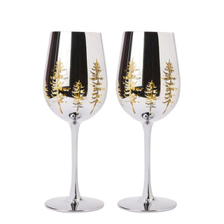 Crystal Christmas Tree Stemmed Wine Water Glasses Set Of 2 Holiday Themed Vibrant Gold Etched Winter