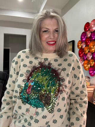 QOS Beige & Green Flower Print Feather Turkey Sweater