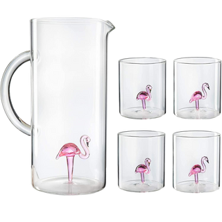 Flamingo Pitcher 4 Glasses Set Decanter With 4 Pink Flamingo Glasses 9OZ By Elegant