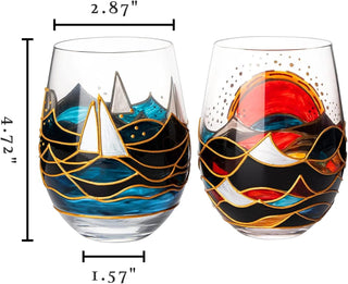 Artisanal Hand Painted Stemless Sailboat With Sunrise Set Of 2 Wine Glasses 2 Set Of