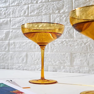 Colored Sunset Yellow Gilded Rim Coupe Glass 9OZ Cocktail Champagne Glasses 2 Set Vibrant Color Gold