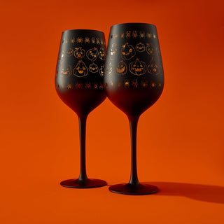 Crystal Halloween Stemmed Wine Glasses Set Of 2 Themed Vibrant Black Gold Etched Spooky Ghost Patter