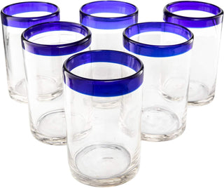 Hand Blown Mexican Drinking Glasses With Cobalt Blue Rims Premium Barware Gift