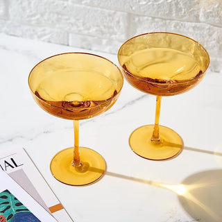 Colored Sunset Yellow Gilded Rim Coupe Glass 9OZ Cocktail Champagne Glasses 2 Set Vibrant Color Gold
