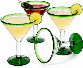 Hand Blown Green Detailed Margarita Glasses Set Of 4 By Luxury Mexican Glassware Thi