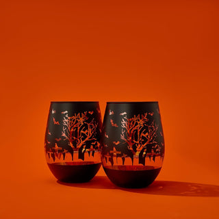 Crystal Halloween Stemless Wine Glass Set Of 2 Themed Vibrant Black Gold Etched Spooky Graveyard Pat