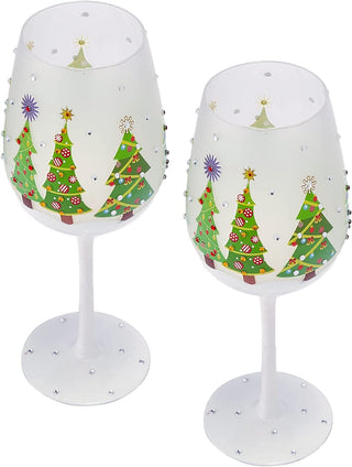 Set Of 2 Stemmed Christmas Tree Design Wine Glasses Hand Painted 14 Oz Decorated Christmas Tree Glas