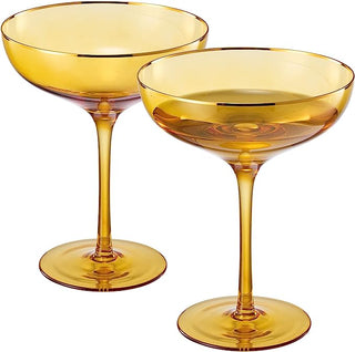 Colored Sunset Yellow Gilded Rim Coupe Glass 9OZ Cocktail Champagne Glasses 2 Set Vibrant Color Gold