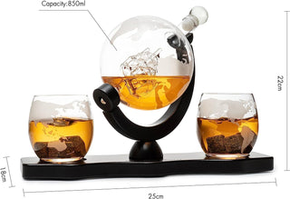 Whiskey Decanter Globe Set With 2 Etched Whiskey Glasses For Liquor Scotch Bourbon Vodka Gifts For M