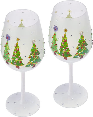 Set Of 2 Stemmed Christmas Tree Design Wine Glasses Hand Painted 14 Oz Decorated Christmas Tree Glas