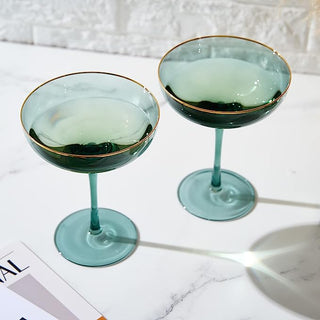 Colored Green Gilded Rim Wine Glassware Large 9OZ Cocktail Champagne Glasses 2 Set Vibrant Color Gol