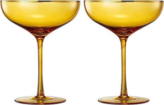 Colored Sunset Yellow Gilded Rim Coupe Glass 9OZ Cocktail Champagne Glasses 2 Set Vibrant Color Gold
