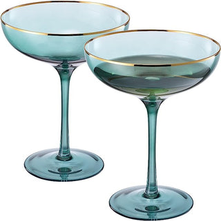 Colored Green Gilded Rim Wine Glassware Large 9OZ Cocktail Champagne Glasses 2 Set Vibrant Color Gol