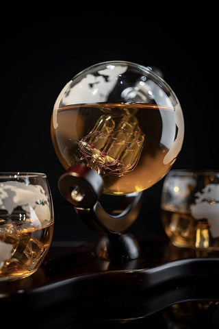 Whiskey Decanter Globe Set With 2 Etched Whiskey Glasses For Liquor Scotch Bourbon Vodka Gifts For M