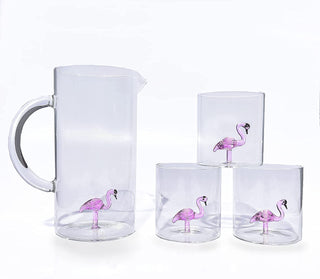 Flamingo Pitcher 4 Glasses Set Decanter With 4 Pink Flamingo Glasses 9OZ By Elegant