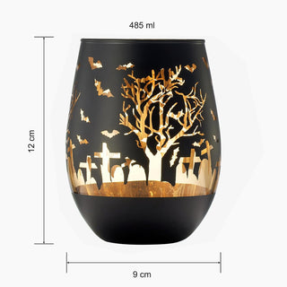 Crystal Halloween Stemless Wine Glass Set Of 2 Themed Vibrant Black Gold Etched Spooky Graveyard Pat