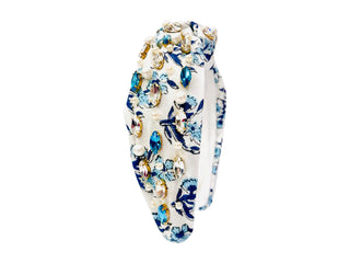 Spring Floral Print Headband - Blue and Clear Rhinestone