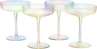 Set Of 4 Ripple Ribbed Champagne Coupe Iridescent Colored Glasses By Prosecco Mimosa