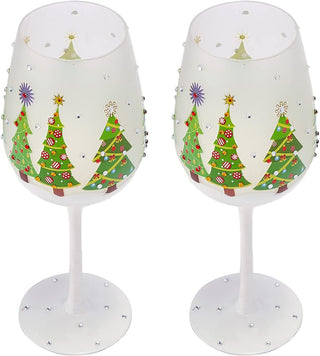 Set Of 2 Stemmed Christmas Tree Design Wine Glasses Hand Painted 14 Oz Decorated Christmas Tree Glas