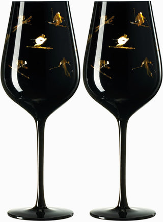 Crystal Stemmed Skiing Apres Ski Skiier Wine Glasses Goblets Set Of 2