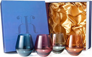 Colored Stemless Crystal Wine Glass Set Of 4 Gift For Her Him Wife Friend Large 16 Oz Glasses Unique