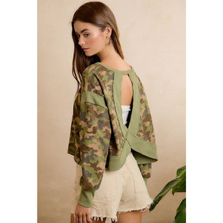 CAMO JERSEY OPEN BACK LONG SLEEVES TOP